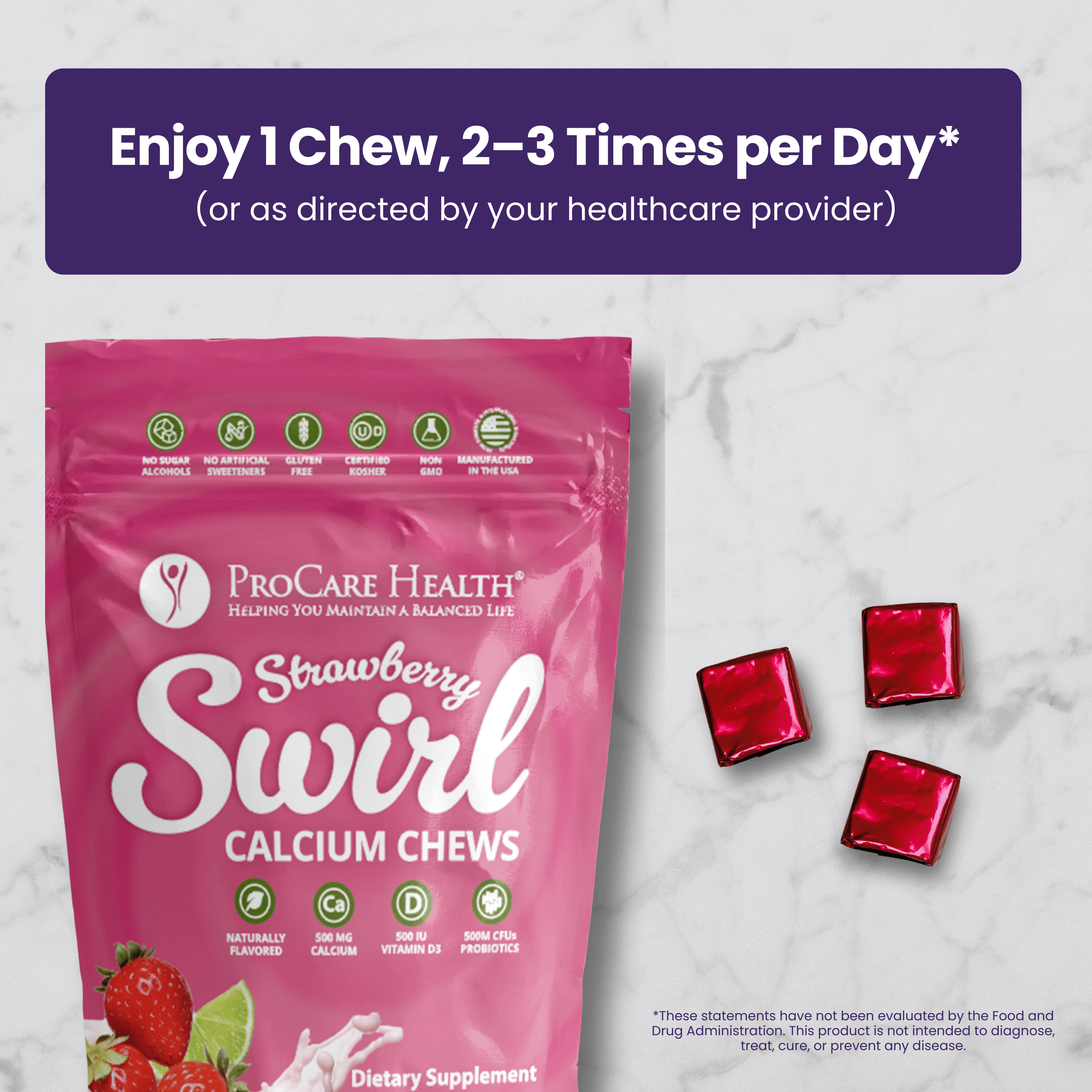Calcium Soft Chew | Strawberry Swirl packaging with servings instructions for bariatric calcium chews.