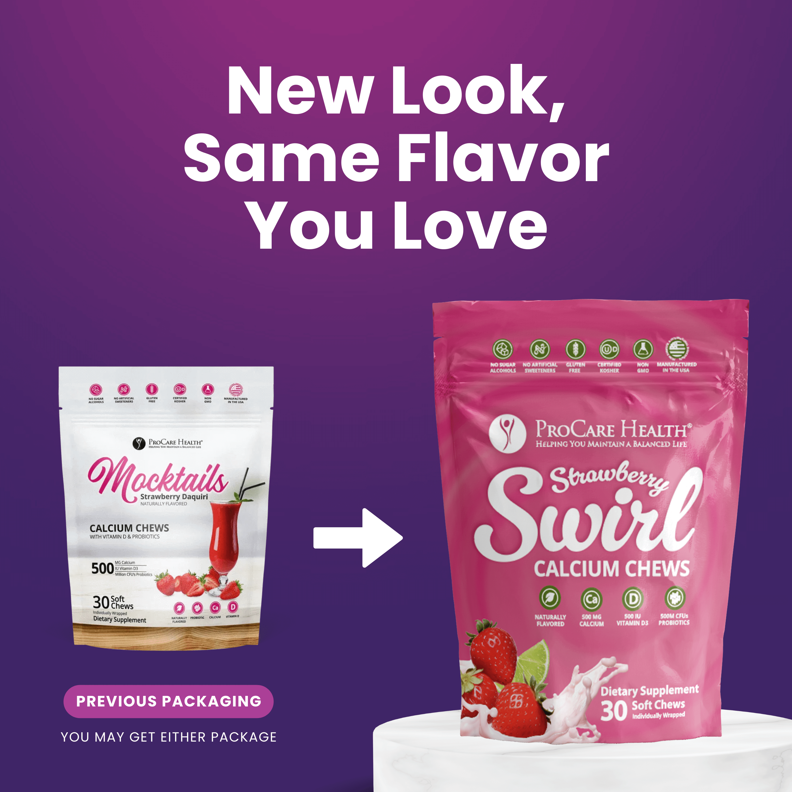 Calcium Soft Chew | Strawberry Swirl packaging comparison for bariatric calcium chews.