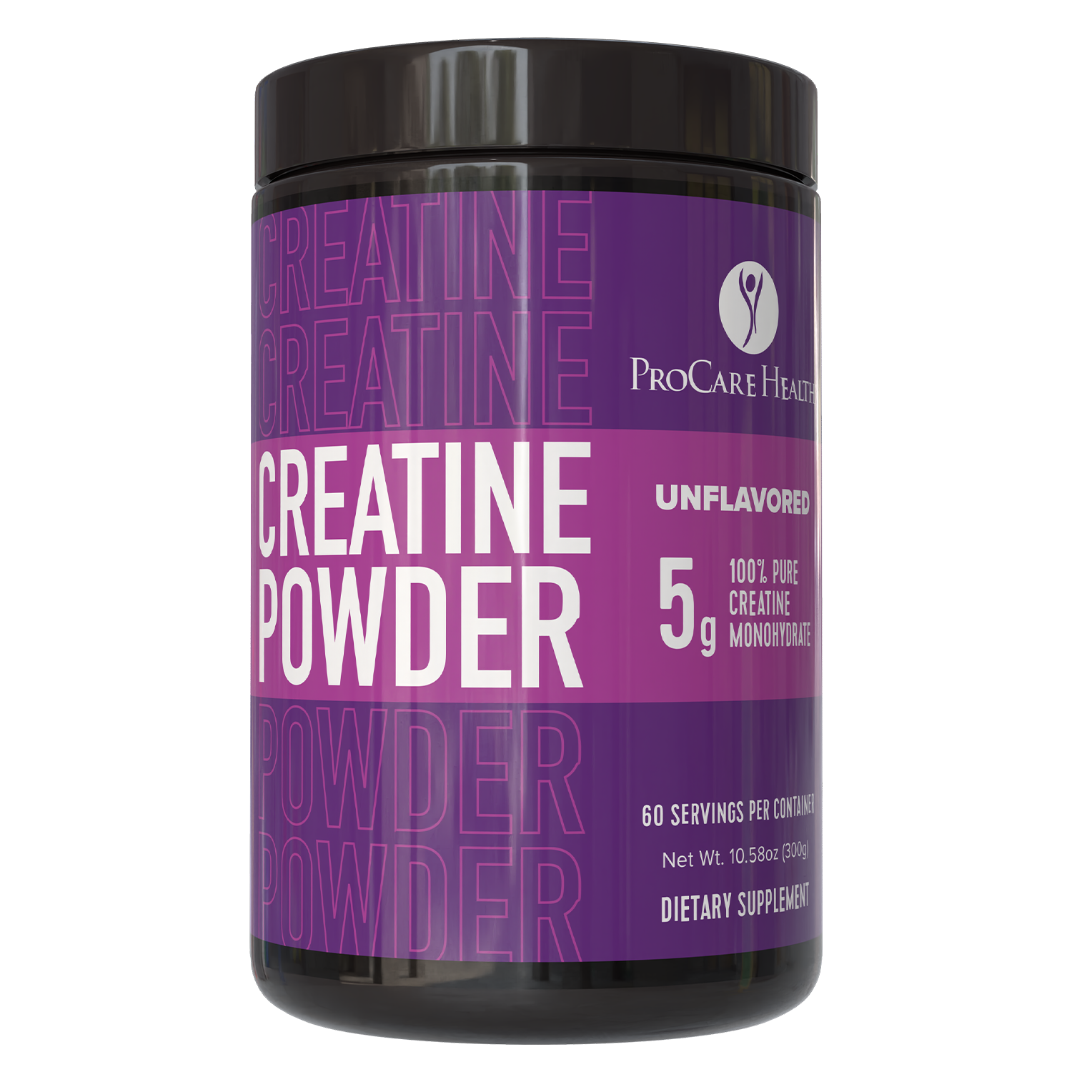 Creatine Monohydrate Powder in a black container by ProCare Health, unflavored with 5g per serving.