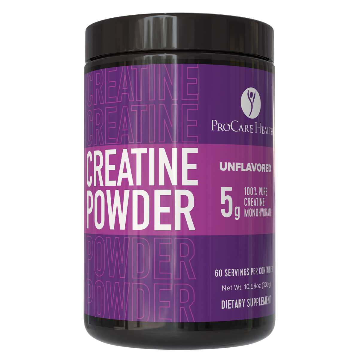 Creatine Monohydrate Powder in a black container by ProCare Health, unflavored with 5g per serving.