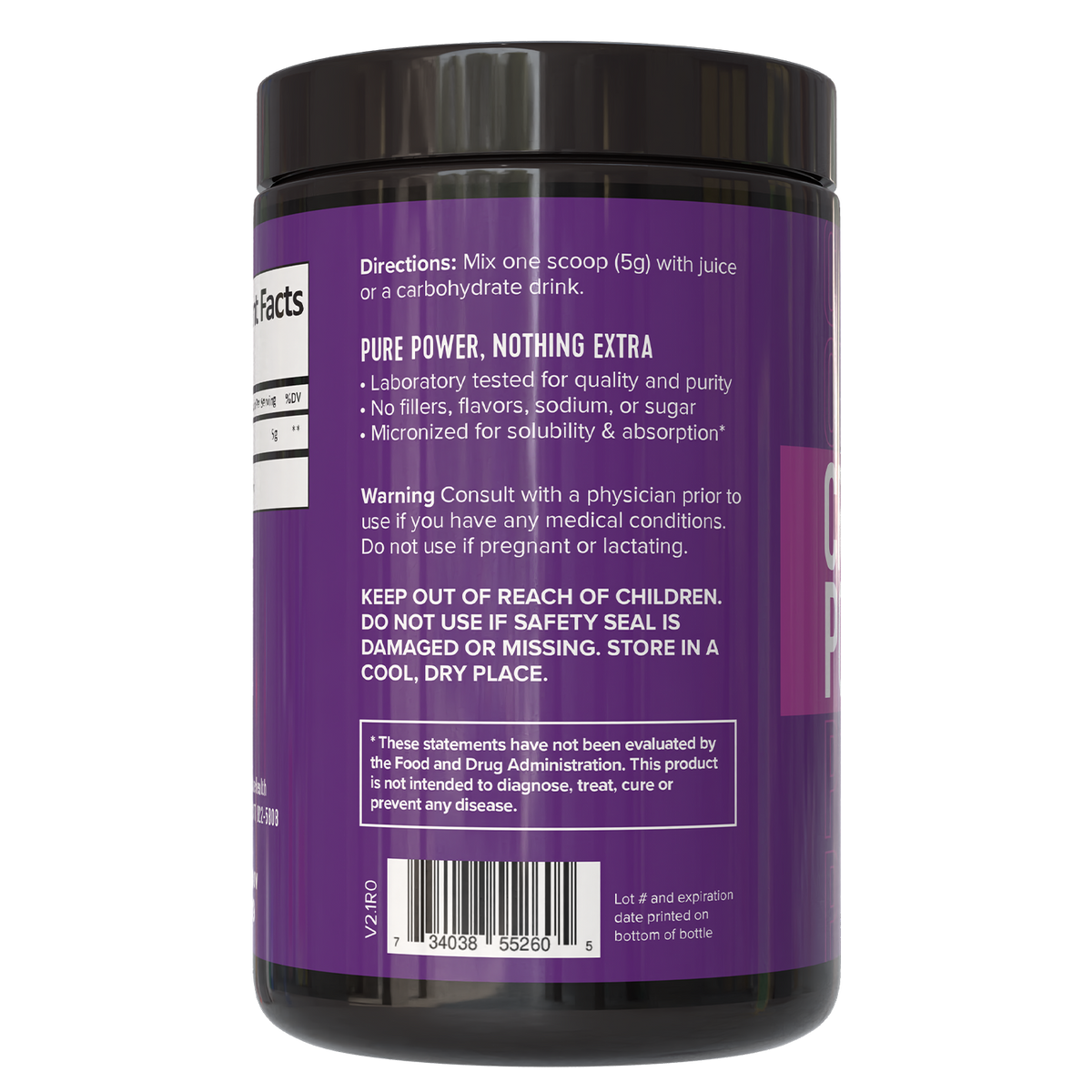 Creatine Monohydrate Powder container with directions and warning labels for safe usage and dosage.