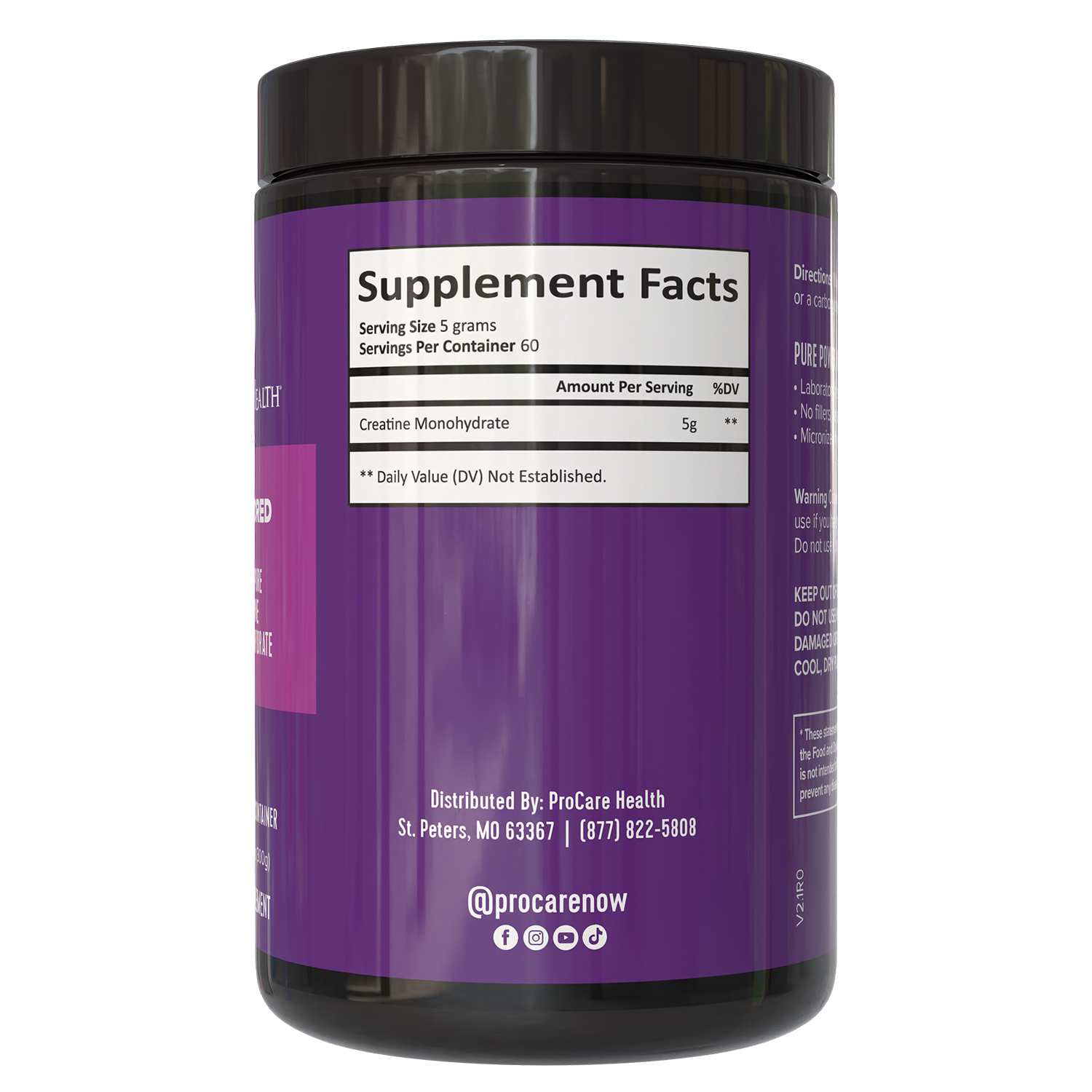 Supplement facts label on Creatine Monohydrate Powder by ProCare Health, showing 5g per serving, unflavored.