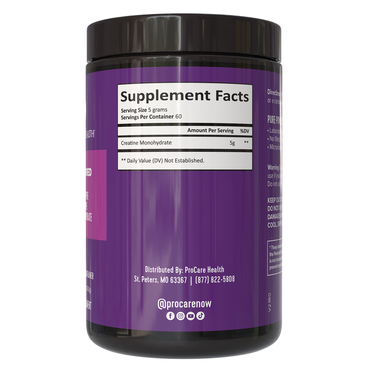 Supplement facts label on Creatine Monohydrate Powder by ProCare Health, showing 5g per serving, unflavored.