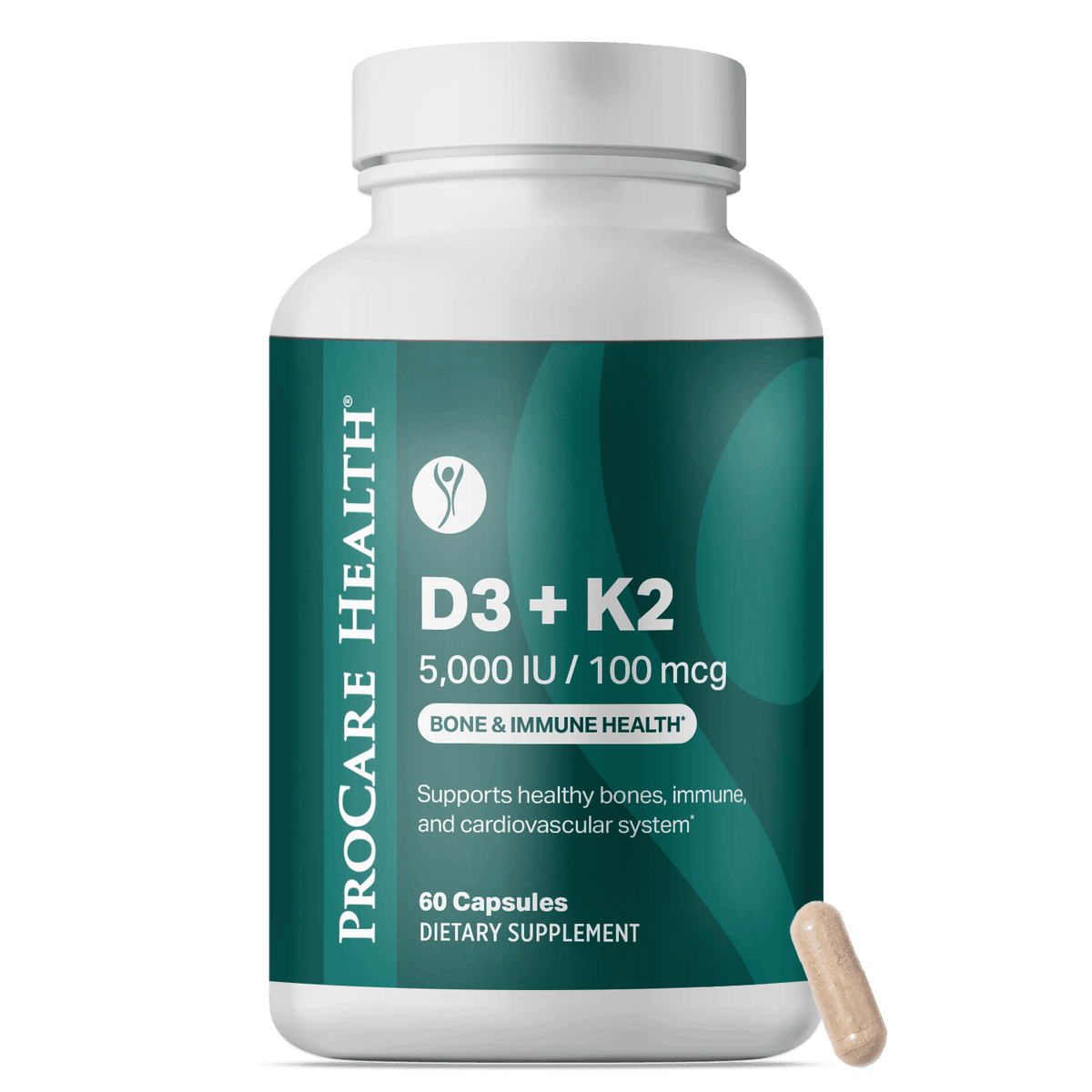 Supplement bottle labeled 'D3 + K2' by ProCare Health