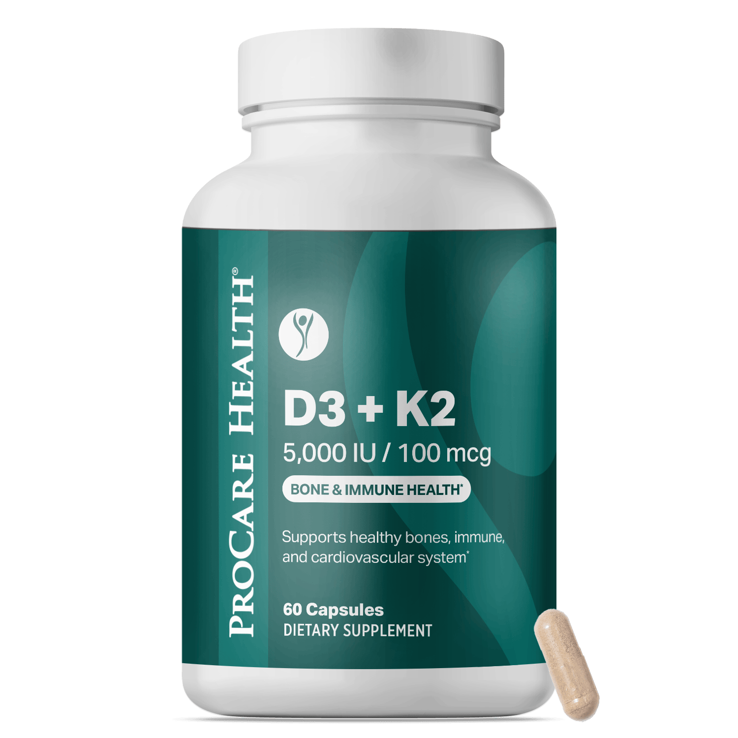Supplement bottle labeled 'D3 + K2' by ProCare Health