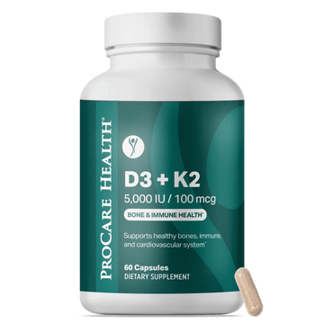 Supplement bottle labeled 'D3 + K2' by ProCare Health