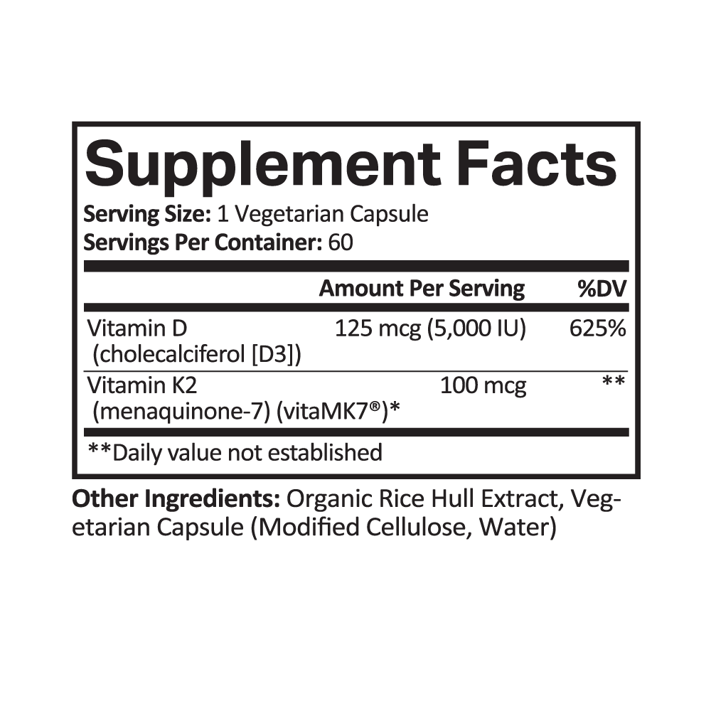 Vitamin D3 + K2 | 5,000 IU + 100 mcg vitaMK7® | Bone & Immune Support Supplement Facts