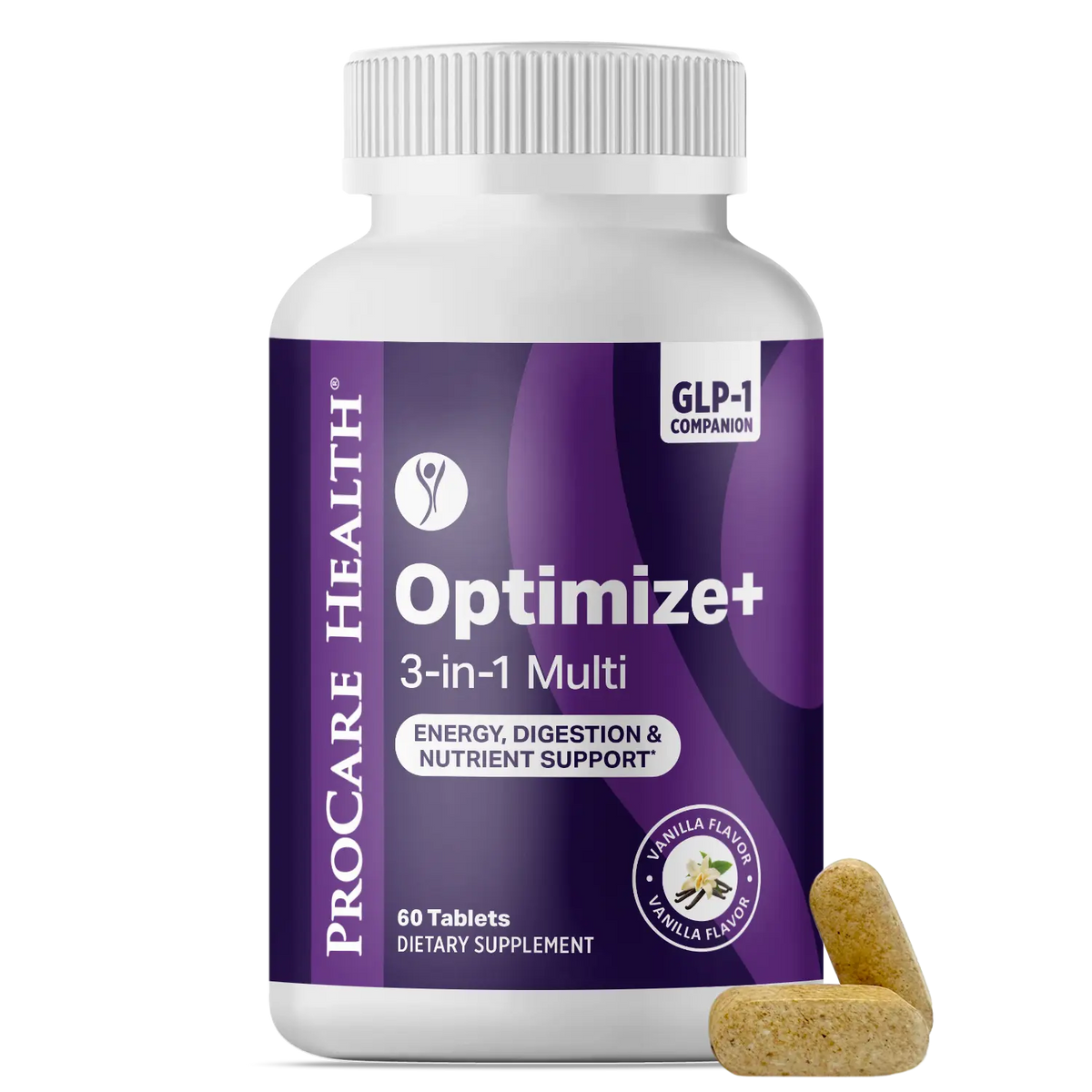 A white bottle of ProCare Health Optimize+ 3-in-1 Multi dietary supplement with two tablets on a clean white background.