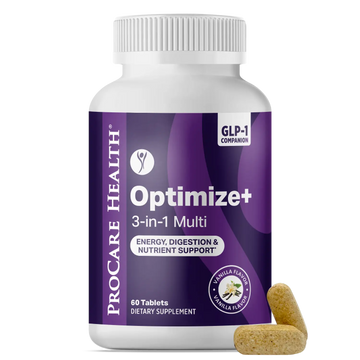 A white bottle of ProCare Health Optimize+ 3-in-1 Multi dietary supplement with two tablets on a clean white background.