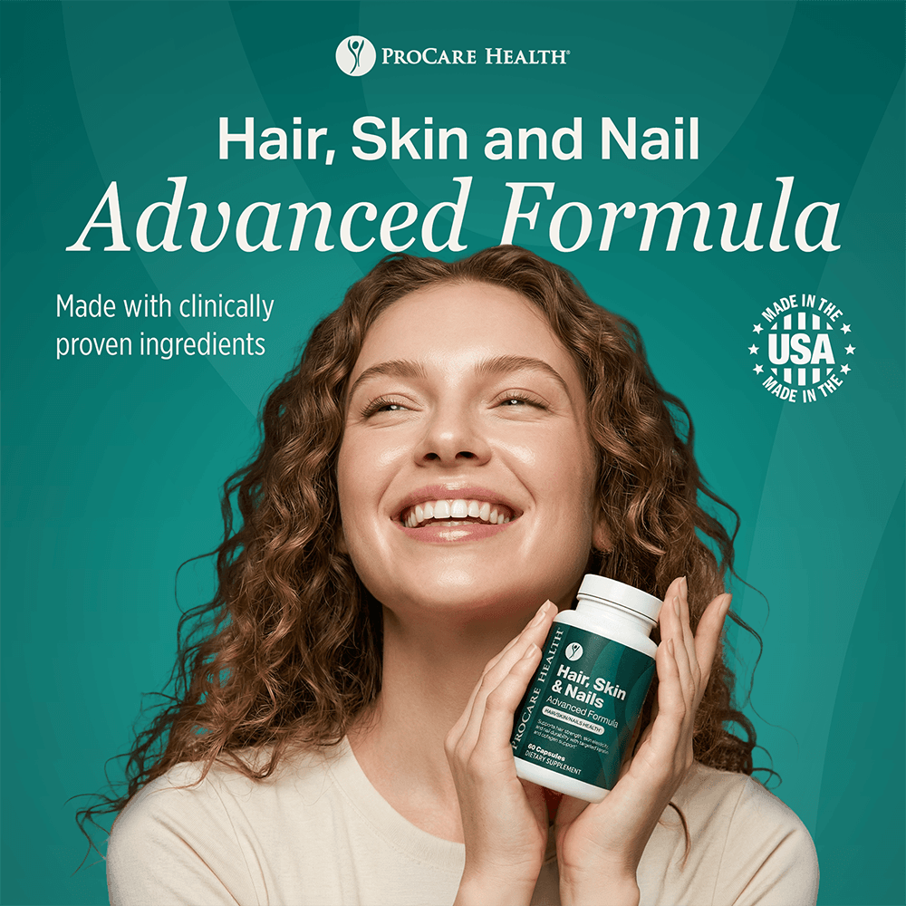Smiling woman holding a bottle of ProCare Health Hair, Skin & Nails Advanced Formula