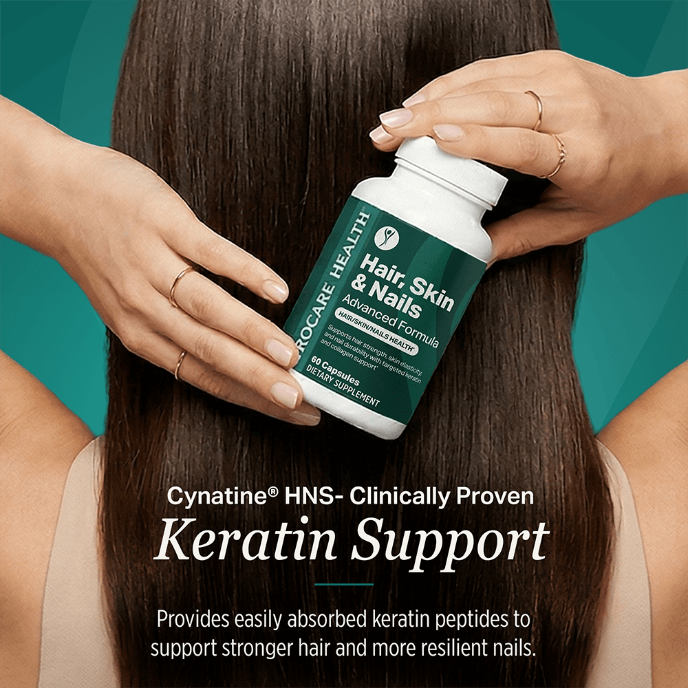 Woman holding a Hair, Skin & Nails bottle against her long hair, highlighting Cynatine HNS keratin