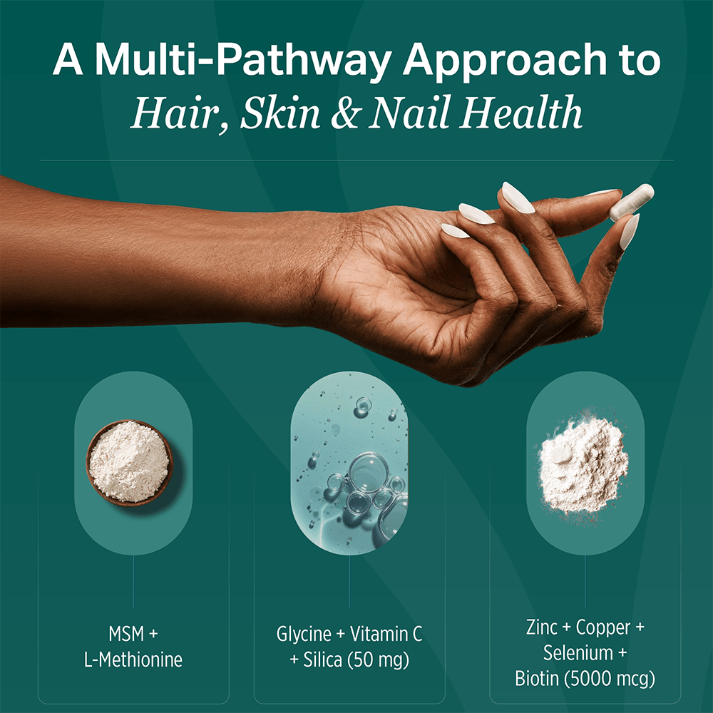 Hair, Skin & Nails key ingredients: MSM and L-methionine, glycine with vitamin C and silica, zinc, copper, selenium & biotin