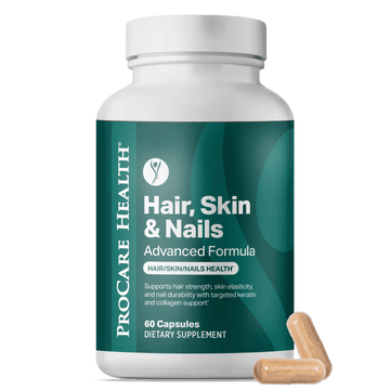 Front of Hair Skin and Nails Advanced Formula bottle with 2 capsules