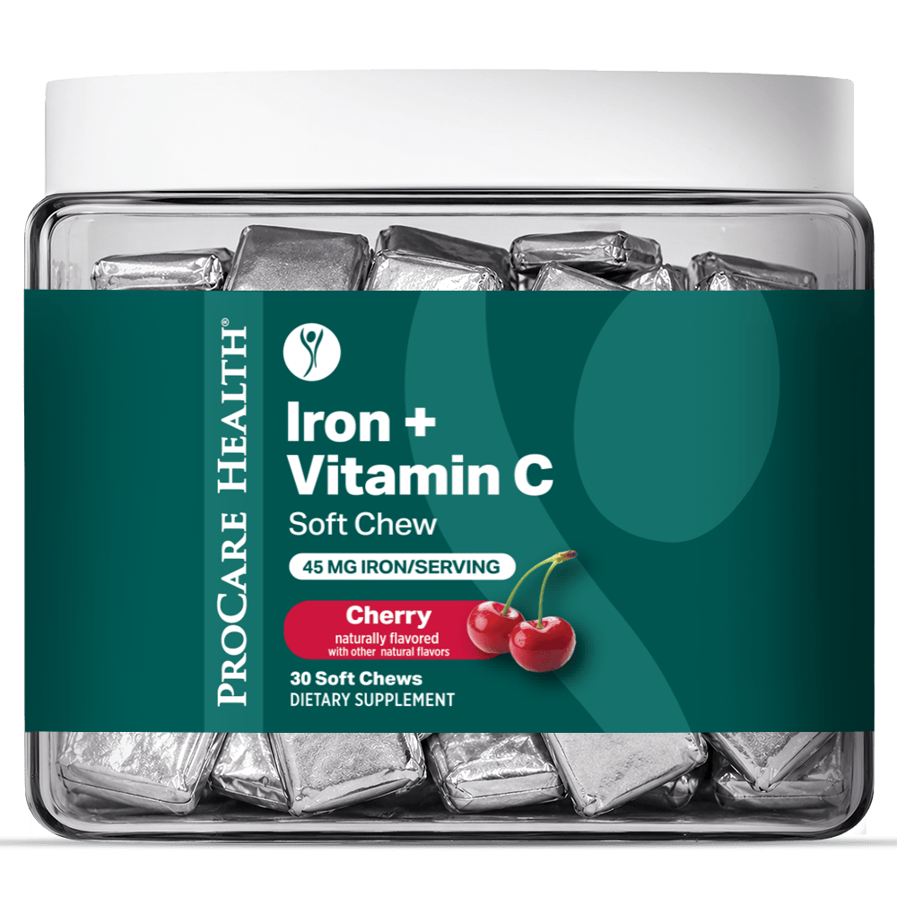A jar of ProCare Health Iron + Vitamin C Soft Chew dietary supplements, Cherry flavor, containing 30 soft chews. The product is shown in a clear plastic jar with a white lid and a dark green label.