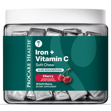 A jar of ProCare Health Iron + Vitamin C Soft Chew dietary supplements, Cherry flavor, containing 30 soft chews. The product is shown in a clear plastic jar with a white lid and a dark green label.