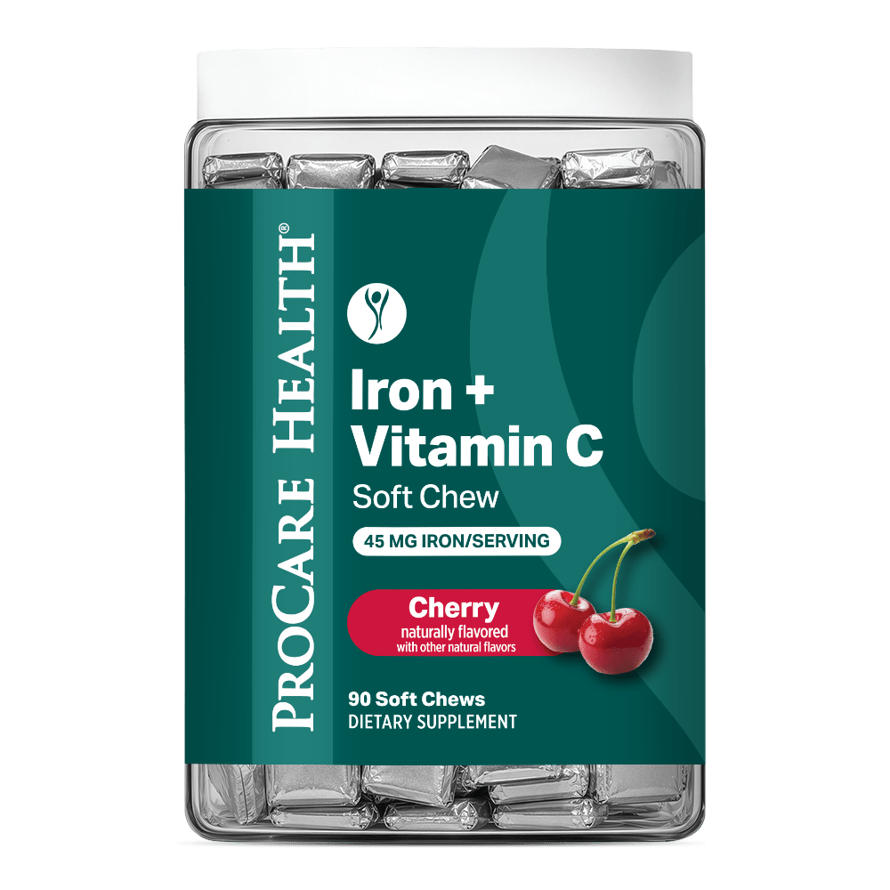 A jar of ProCare Health Iron + Vitamin C Soft Chew dietary supplements, Cherry flavor, containing 90 soft chews. The product is shown in a clear plastic jar with a white lid and a dark green label.