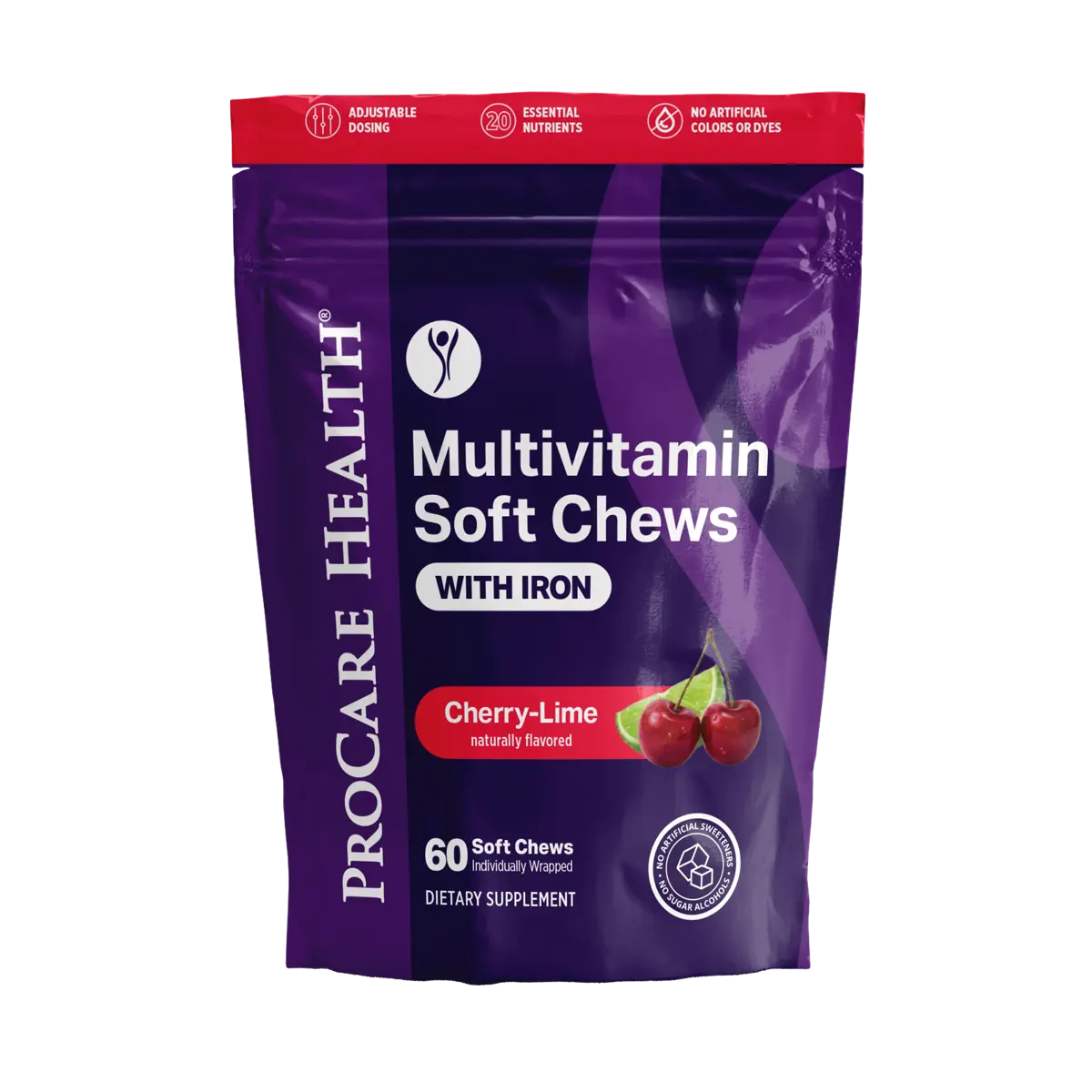 A bag of ProCare Health Multivitamin Soft Chews with Iron, Cherry-Lime flavor, in a 60 count