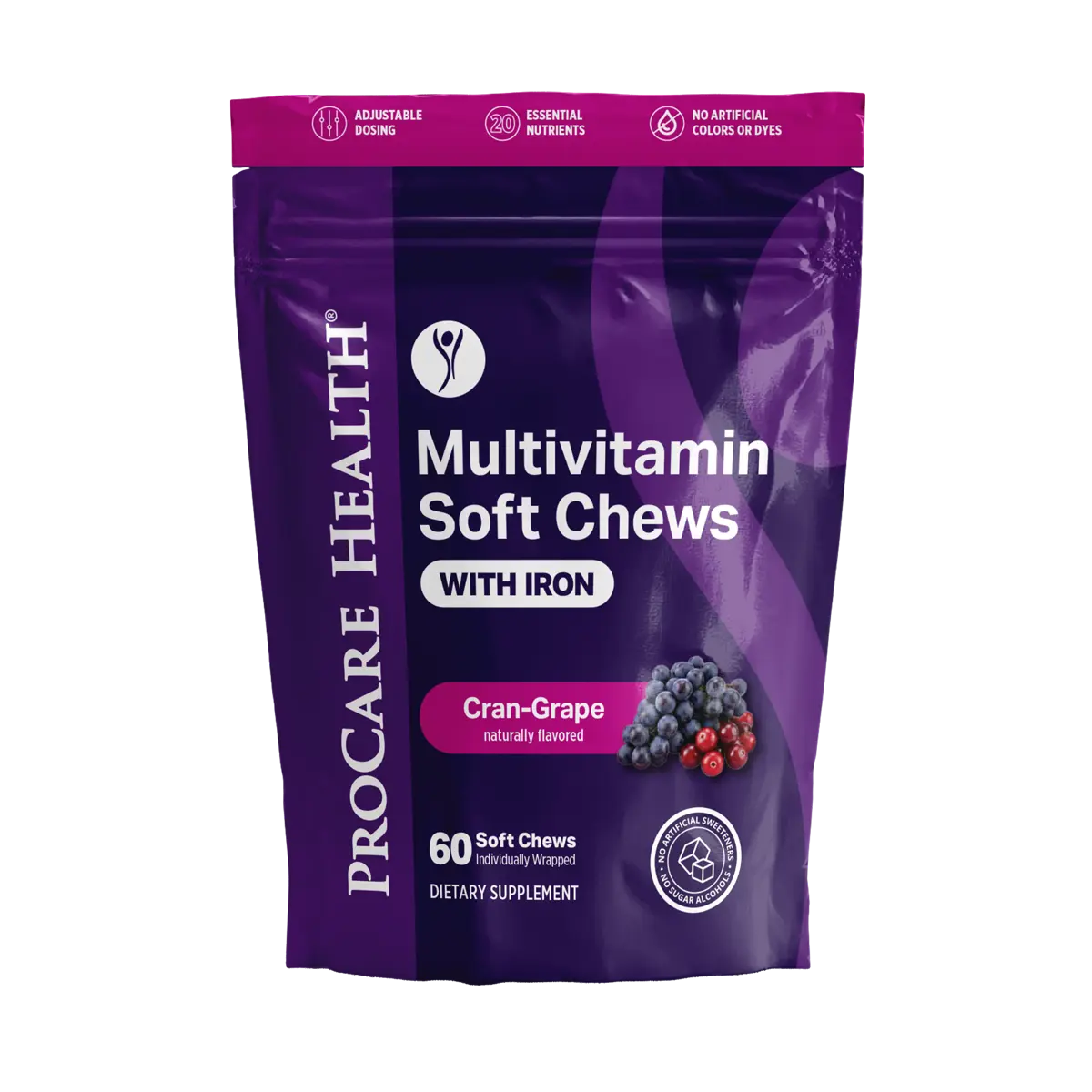 A bag of ProCare Health Multivitamin Soft Chews with Iron, Cran-Grape flavor, in a 60 count