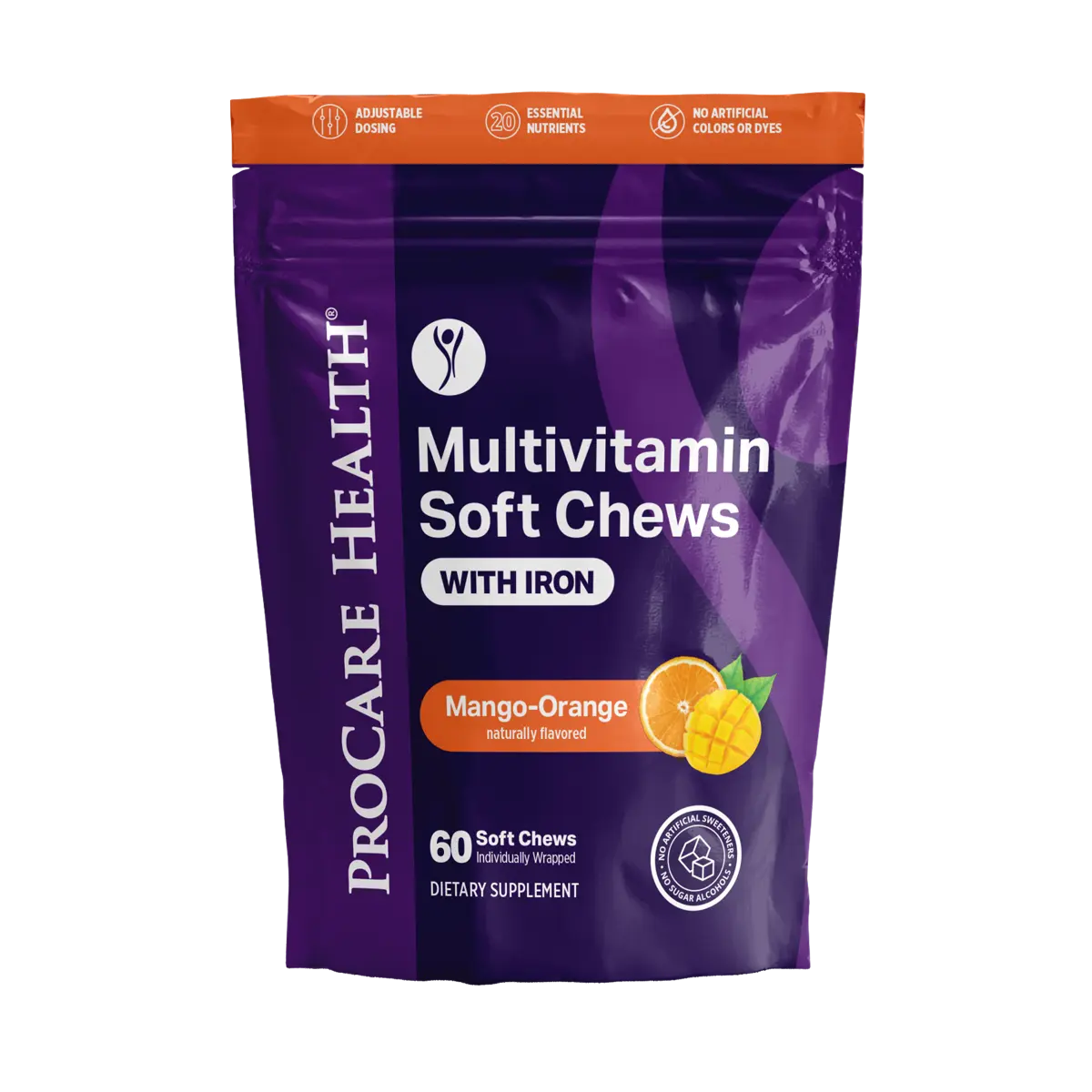 A bag of ProCare Health Multivitamin Soft Chews with Iron, Mango-Orange flavor, in a 60 count