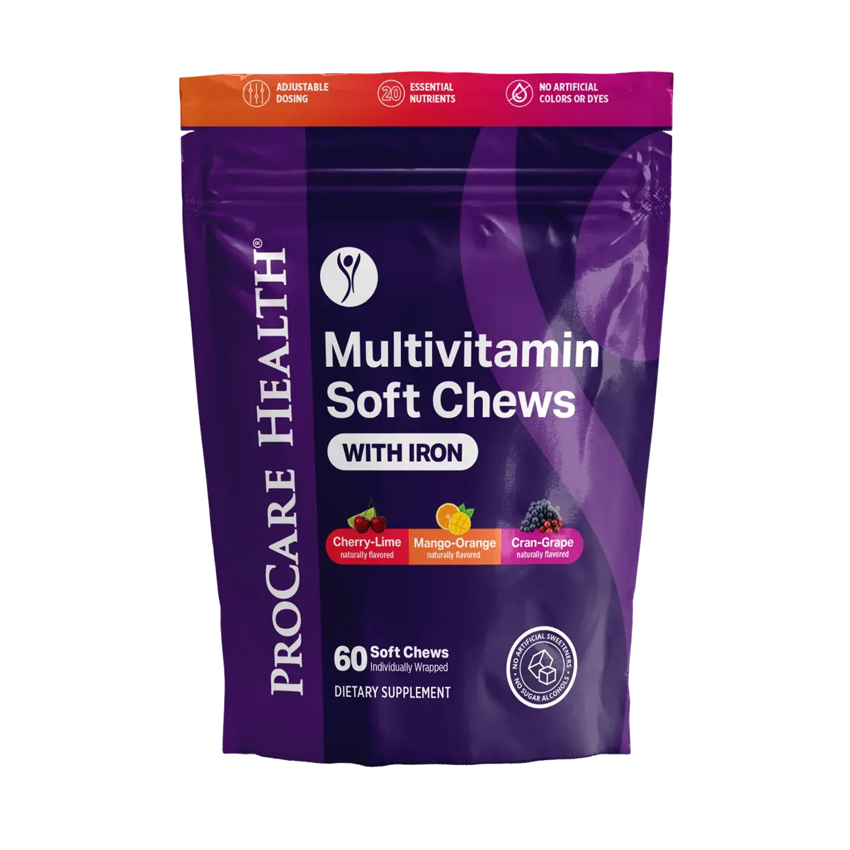 A bag of ProCare Health Multivitamin Soft Chews with Iron, Variety Mix flavor (Cherry-Lime, Mango-Orange, and Cran-Grape), in a 60 count