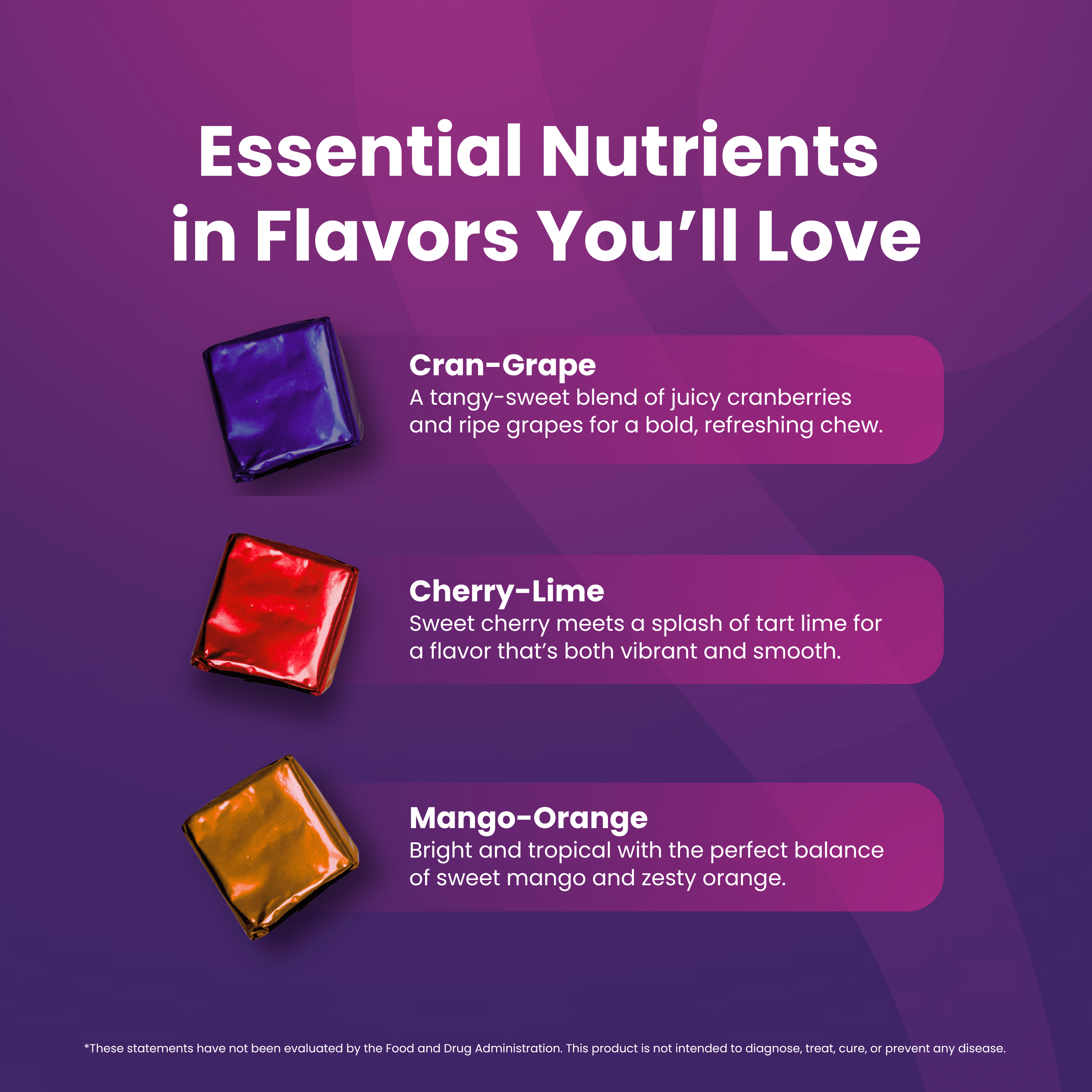 Multivitamin Soft Chew infographic highlighting the three flavors included in a bottle: Cran-Grape, Cherry-Lime, Mango-Orange