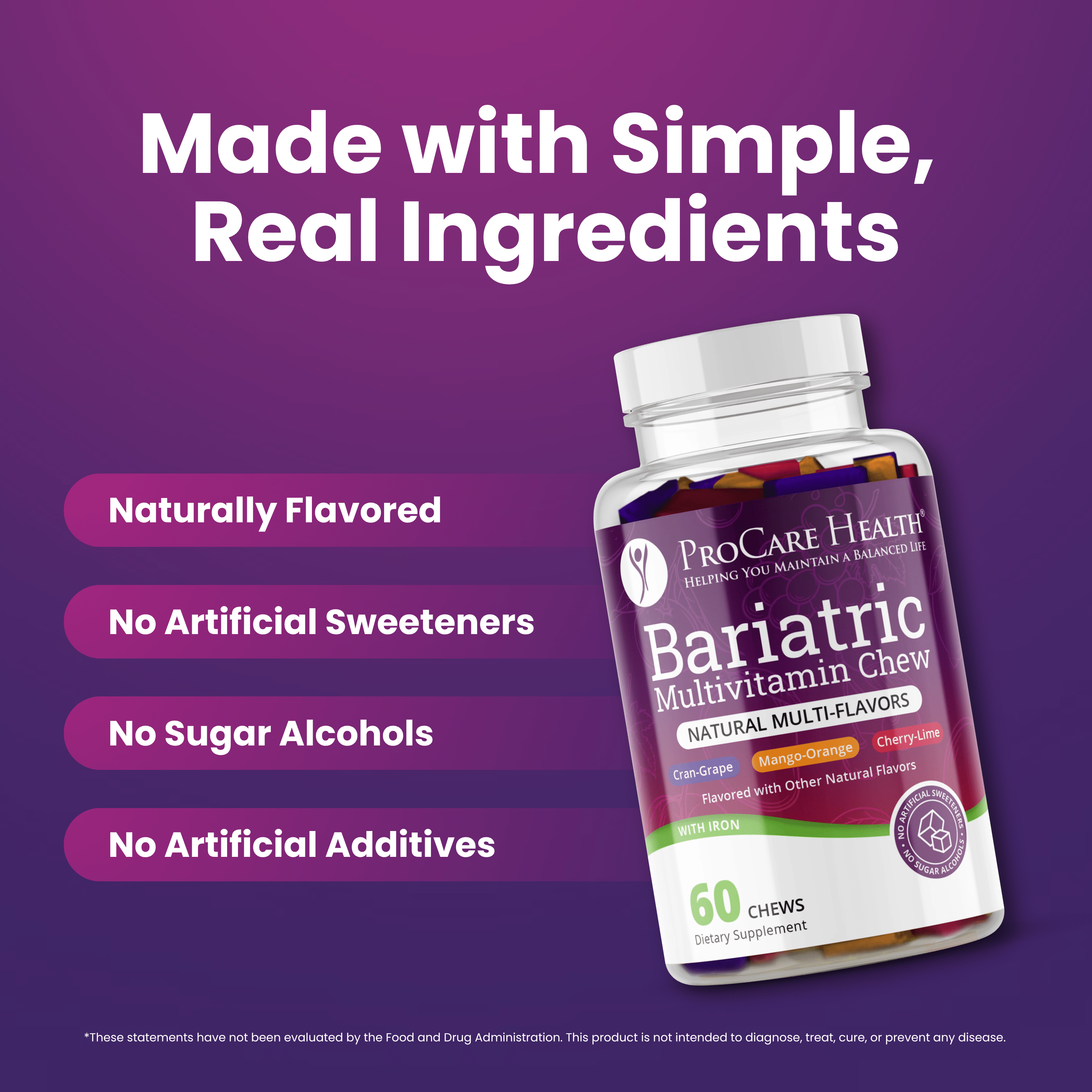 Bariatric Multivitamin | Soft Chew | Multi-Flavor | 60 Count packaging with natural ingredients and no artificial additives.
