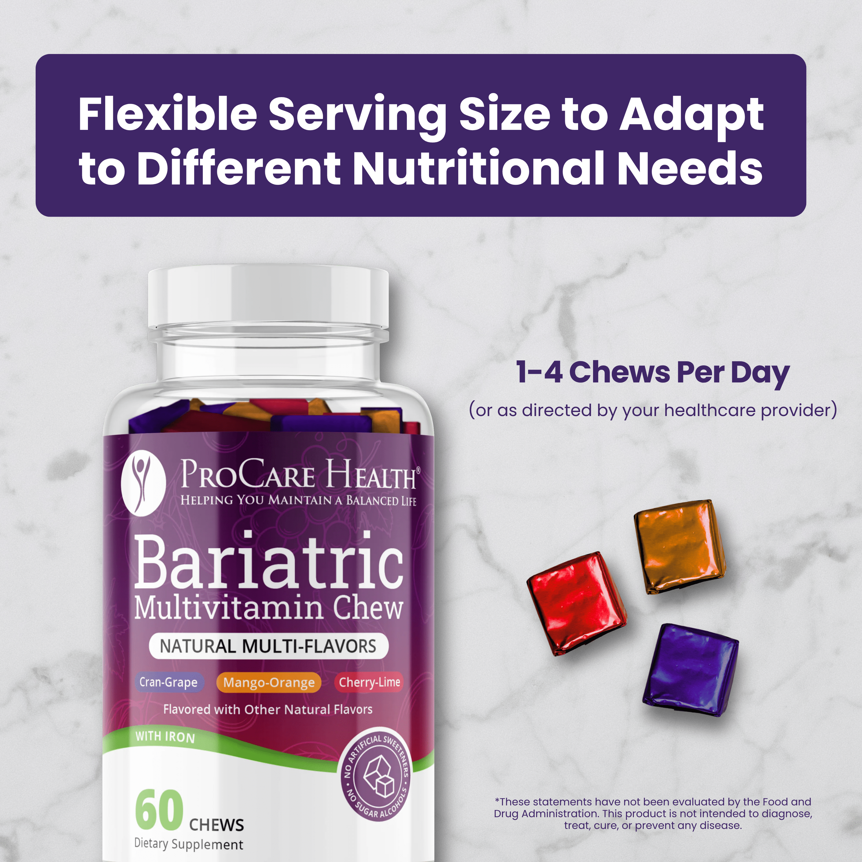 Bariatric Multivitamin | Soft Chew | Multi-Flavor | 60 Count - ProCare Health with flexible serving size and natural flavors.