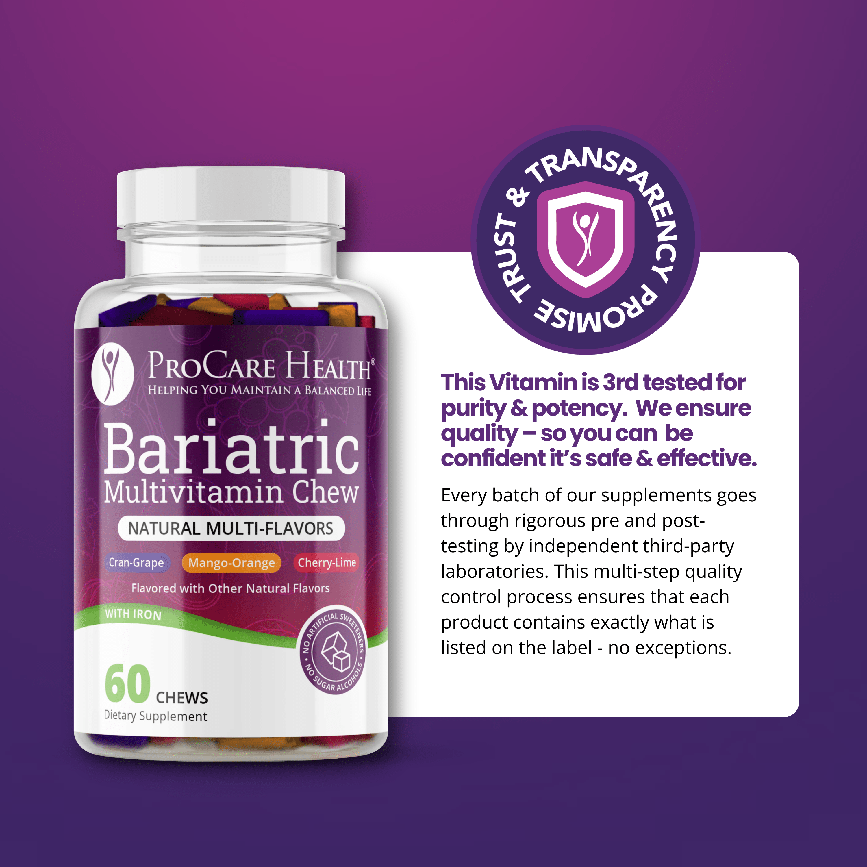 Bariatric Multivitamin | Soft Chew | Multi-Flavor | 60 Count bottle displayed with trust and transparency information.