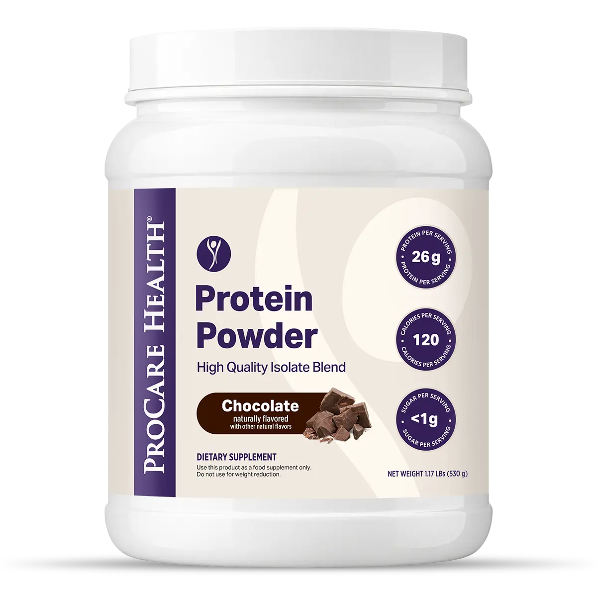 A white plastic tub of Procare Health High Quality Milk & Whey Isolate Protein Powder in Chocolate flavor