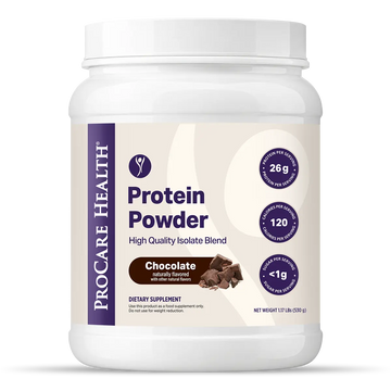 A white plastic tub of Procare Health High Quality Milk & Whey Isolate Protein Powder in Chocolate flavor