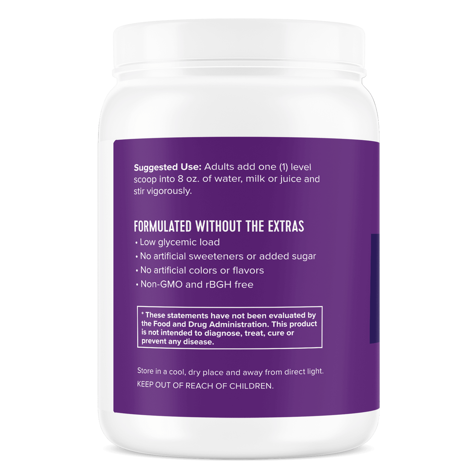 Whey Protein Powder – Unsweetened & Unflavored product container showing suggested use and formulated without extra details.