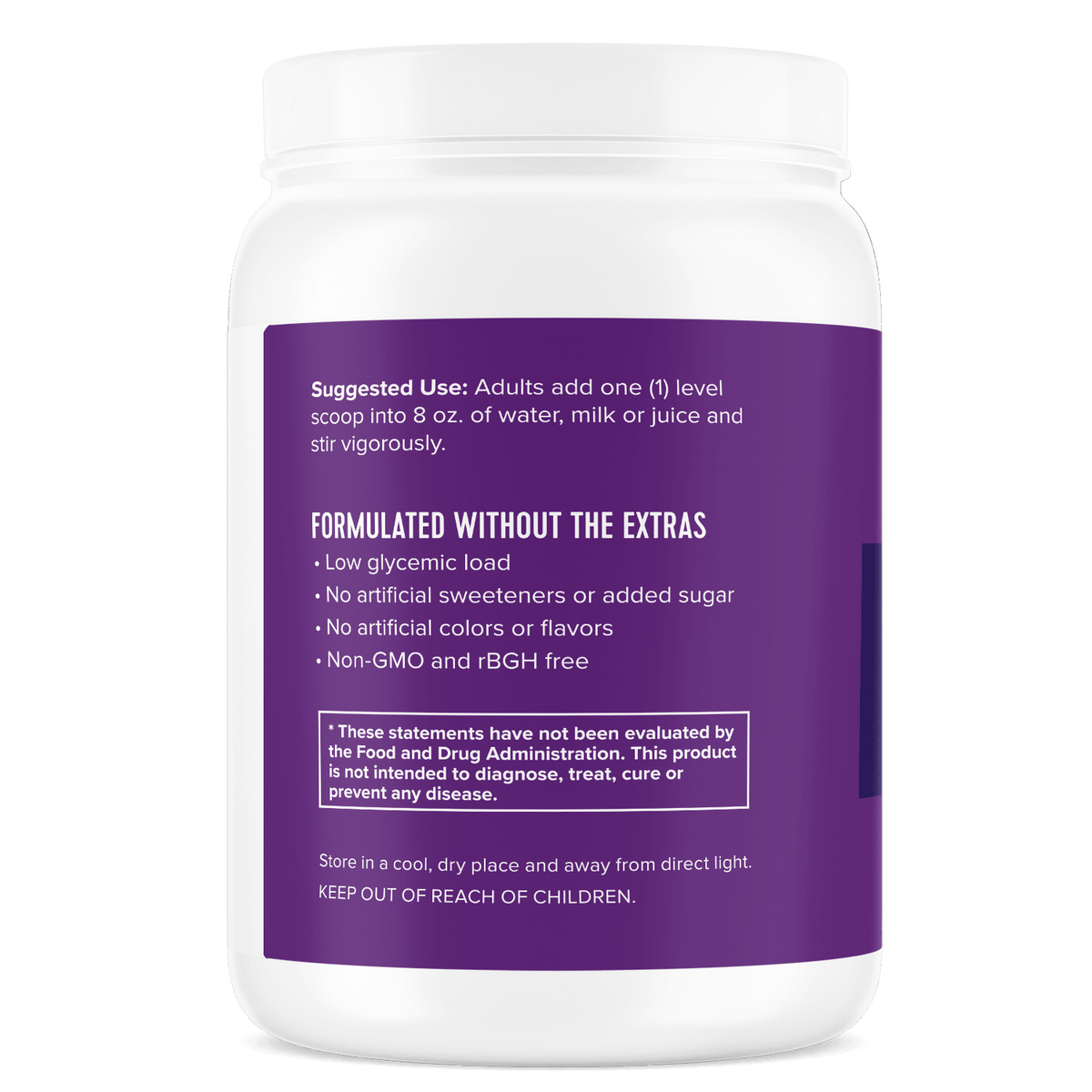 Whey Protein Powder – Unsweetened & Unflavored product container showing suggested use and formulated without extra details.