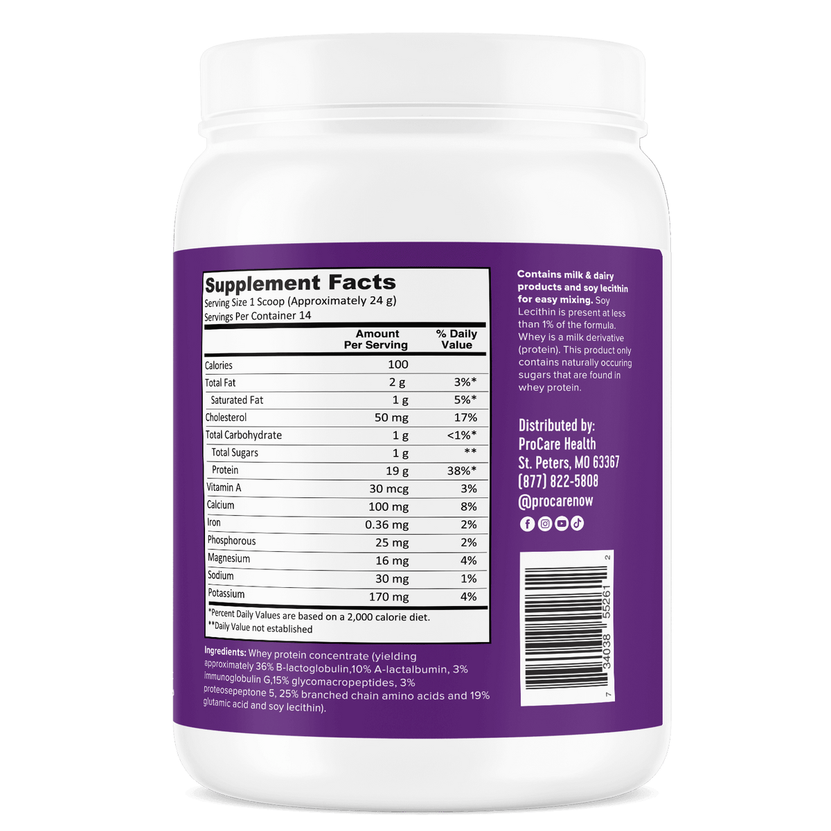 Whey Protein Powder – Unsweetened & Unflavored supplement facts label on the container, showing nutrition information.