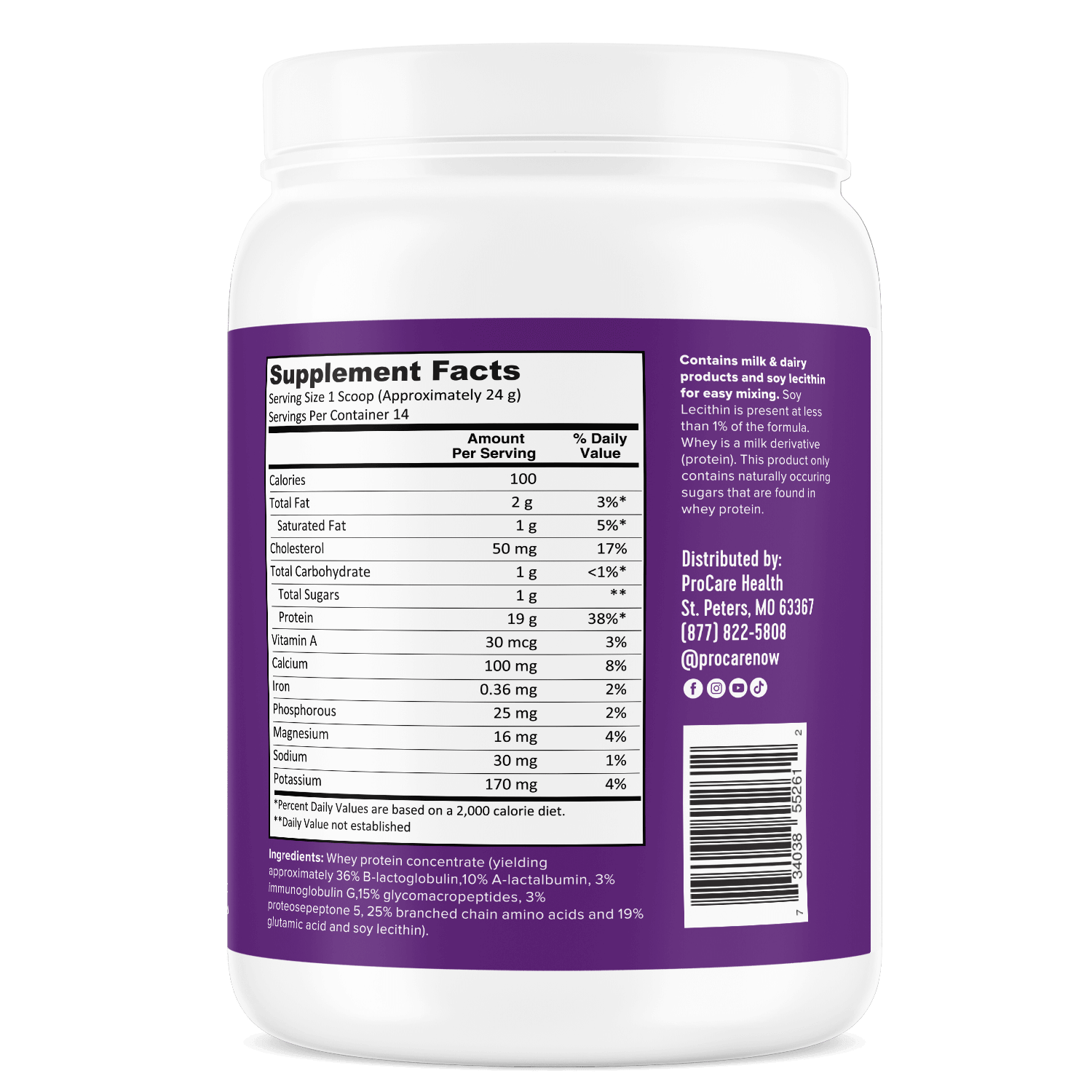 Whey Protein Powder – Unsweetened & Unflavored supplement facts label on the container, showing nutrition information.