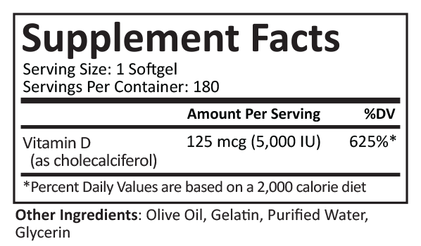 Vitamin D3 | 5,000 IU | Softgel | 180 Count Supplement Facts