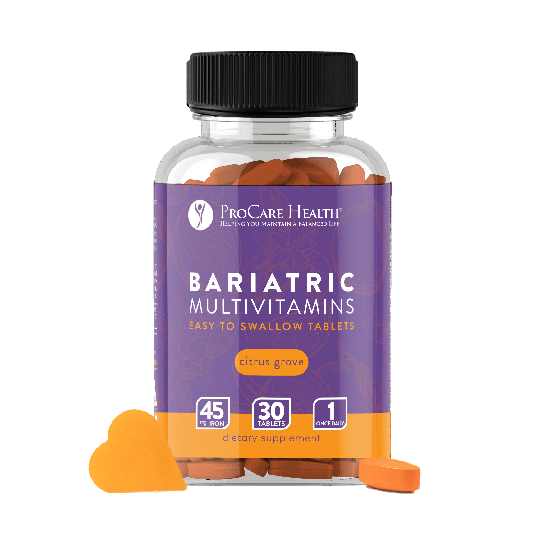Bariatric Multivitamin Easy to Swallow Tablets in Citrus Grove scent with a Scentcert heart and tablet in front of bottle
