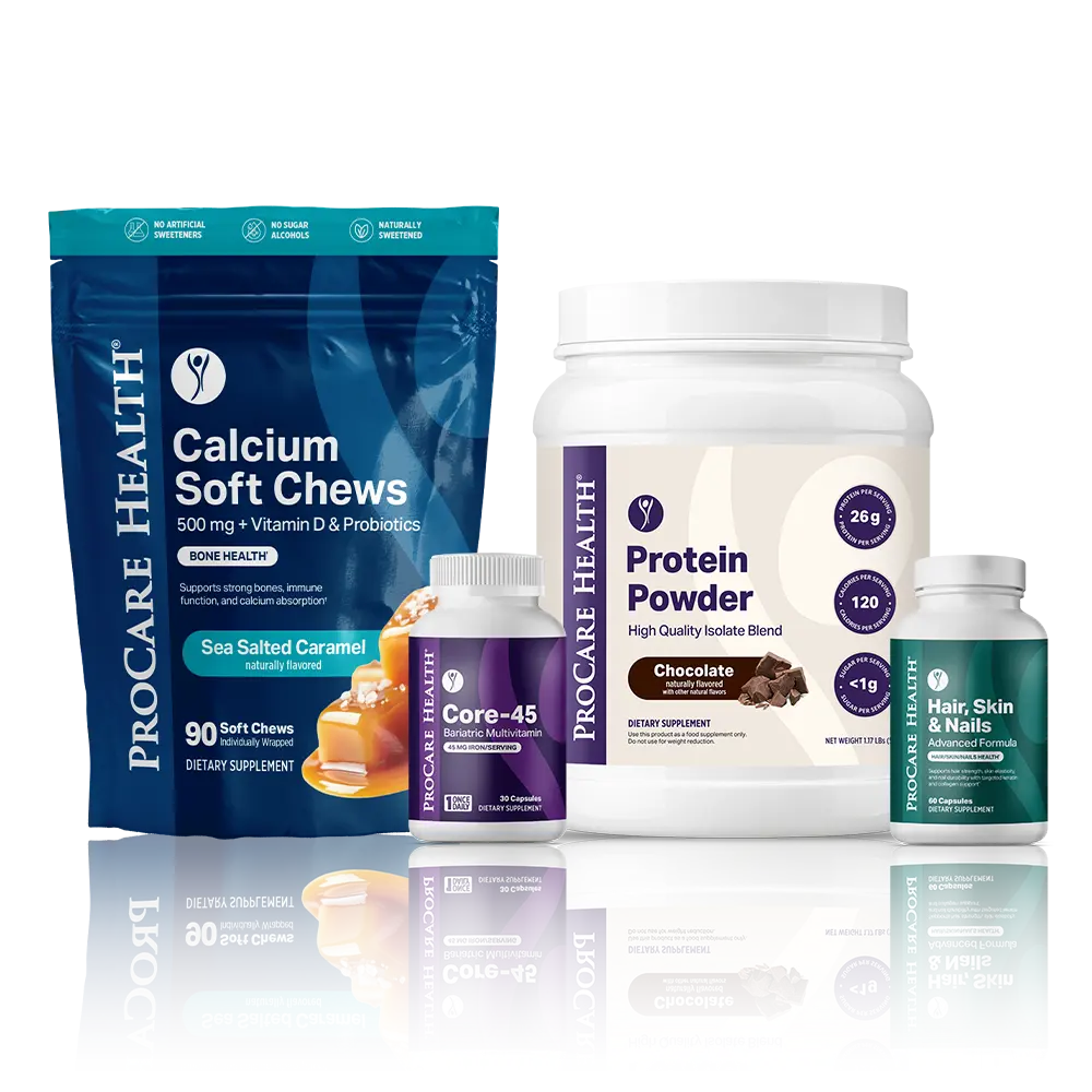 ProCare Health Calcium Soft Chews, Core-45 multivitamin, Chocolate Protein Powder and Hair, Skin & Nails