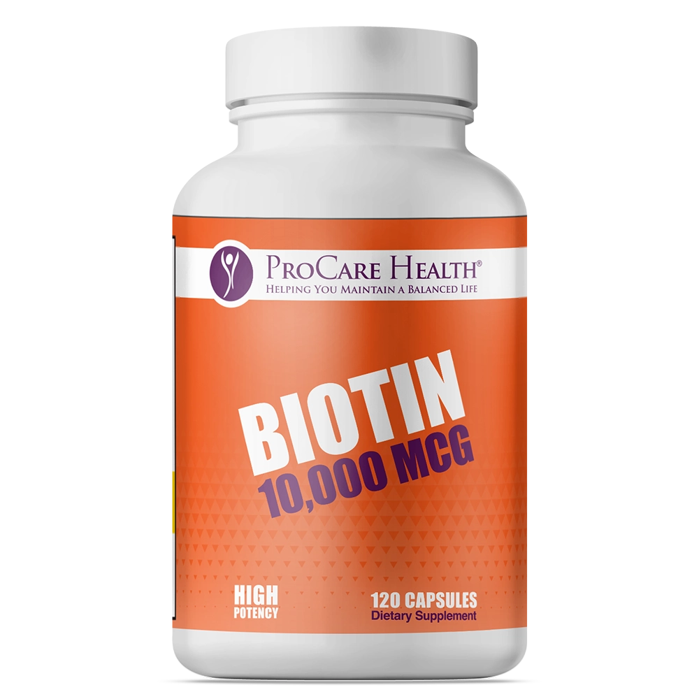 ProCare Health Biotin 10,000 mcg with 120 capsules in an orange bottle.