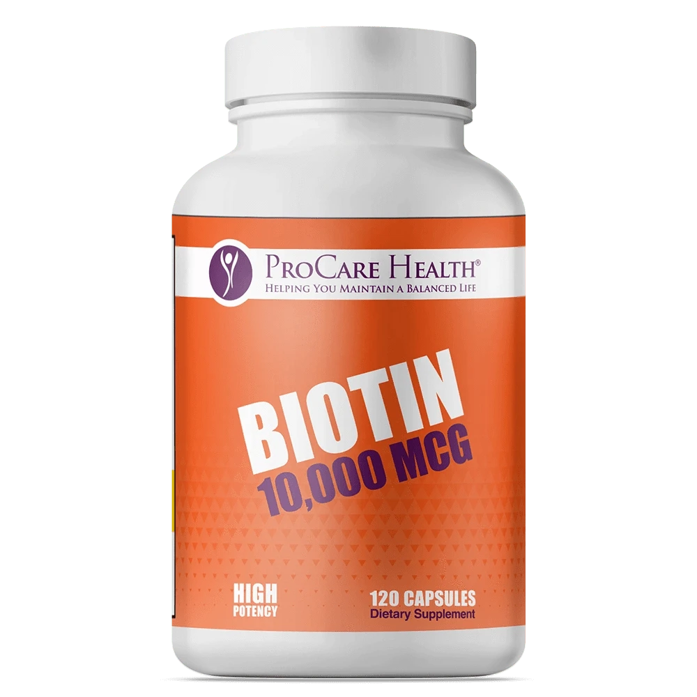 ProCare Health Biotin 10,000 mcg with 120 capsules in an orange bottle.