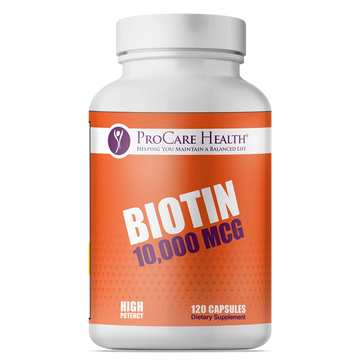 ProCare Health Biotin 10,000 mcg with 120 capsules in an orange bottle.