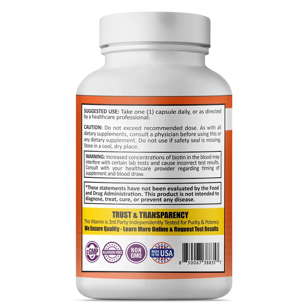 Suggested use, caution, and warning label for Biotin capsules.