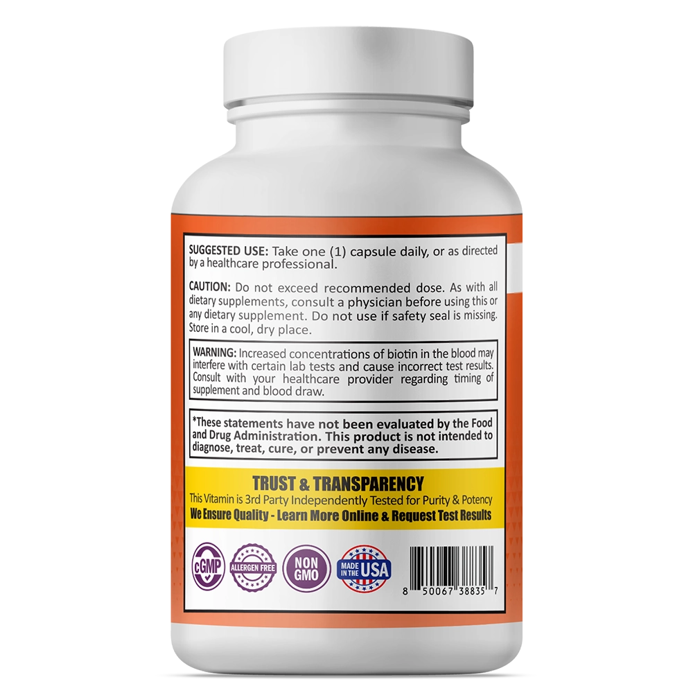 Suggested use, caution, and warning label for Biotin capsules.