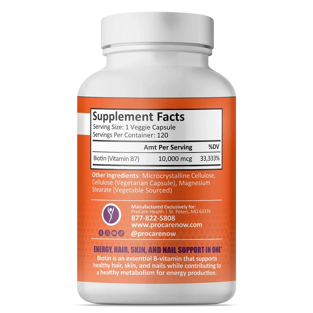 Supplement facts label for Biotin and ingredient list on an orange bottle.