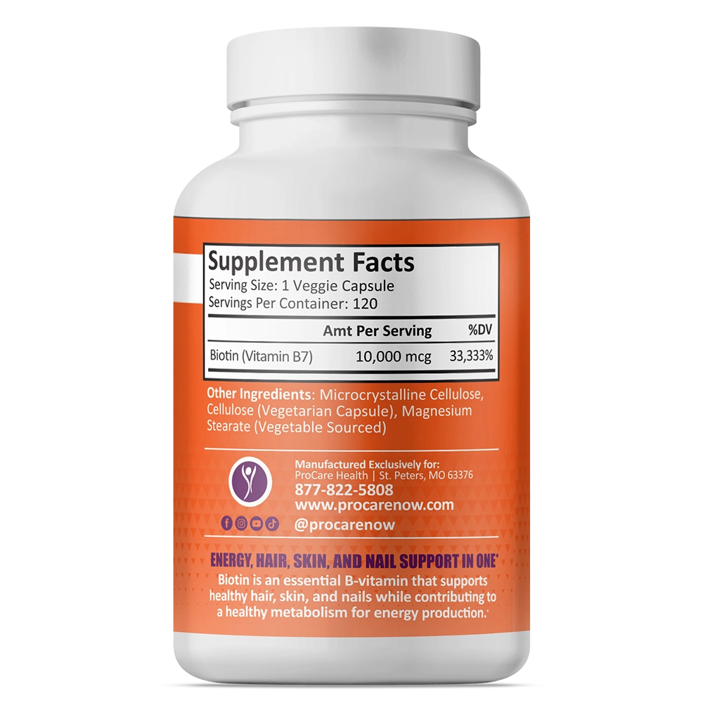 Supplement facts label for Biotin and ingredient list on an orange bottle.