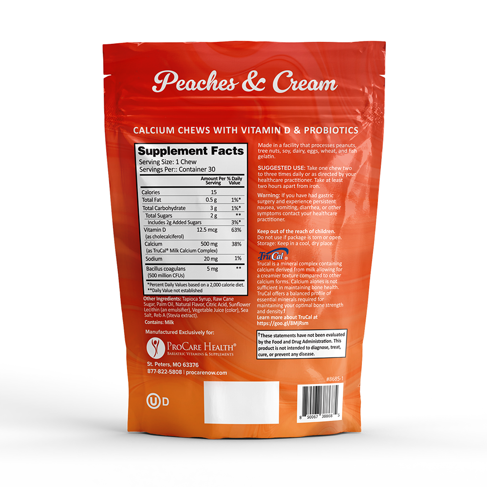 Peaches & Cream Calcium Chews with Vitamin D and probiotics, showing supplement facts, suggested use, and warning label in an orange pouch.