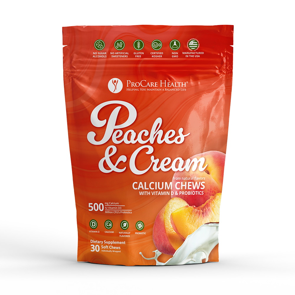 One pack of Peaches & Cream Calcium Chews in a 30-soft-chew orange pouch.