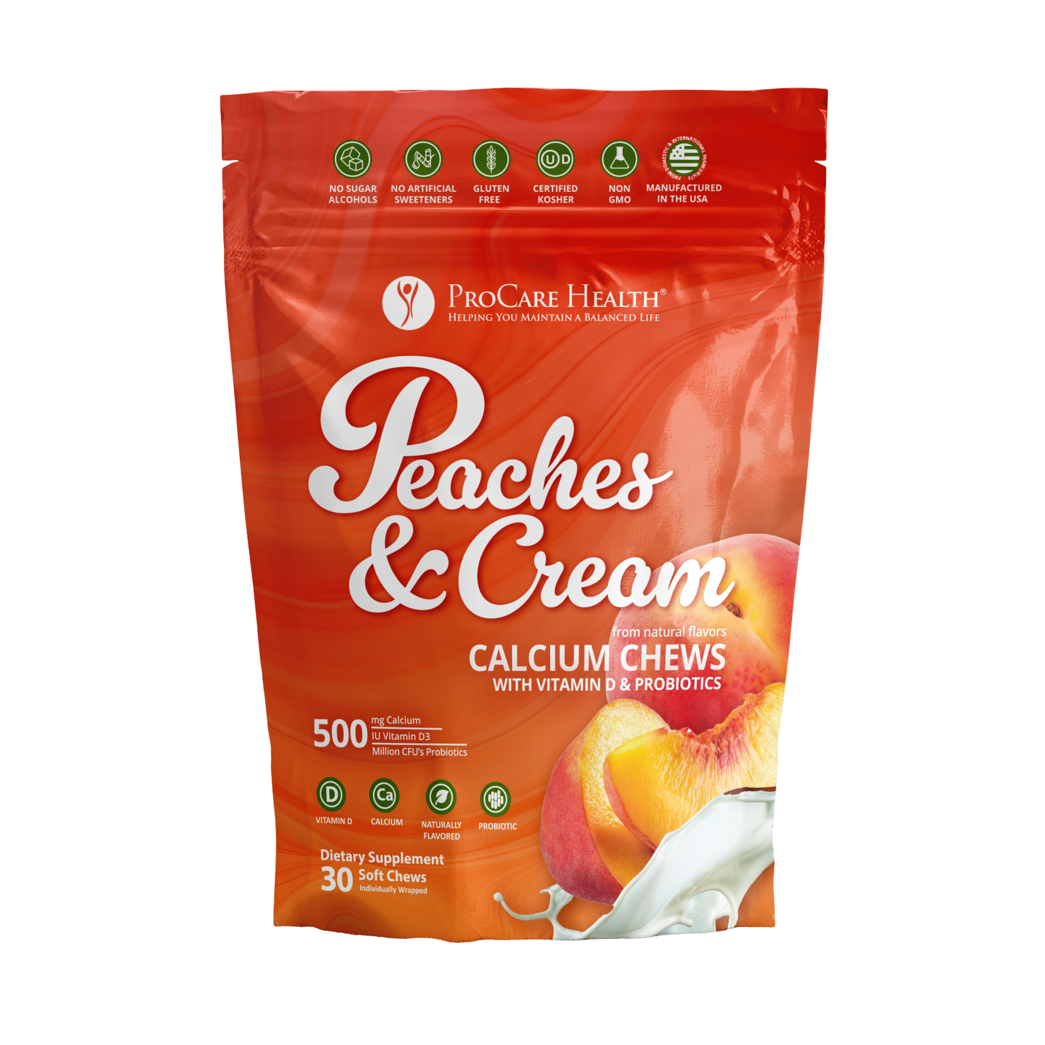 Calcium Soft Chew | Peaches & Cream - Soft chews with calcium, vitamin D & probiotics in a 30 count bag.