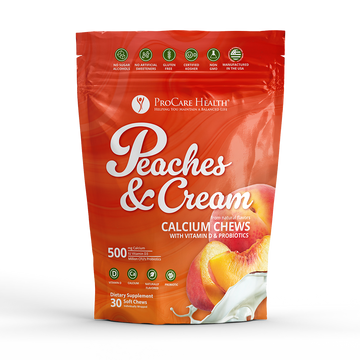 One pack of Peaches & Cream Calcium Chews in a 30-soft-chew orange pouch.