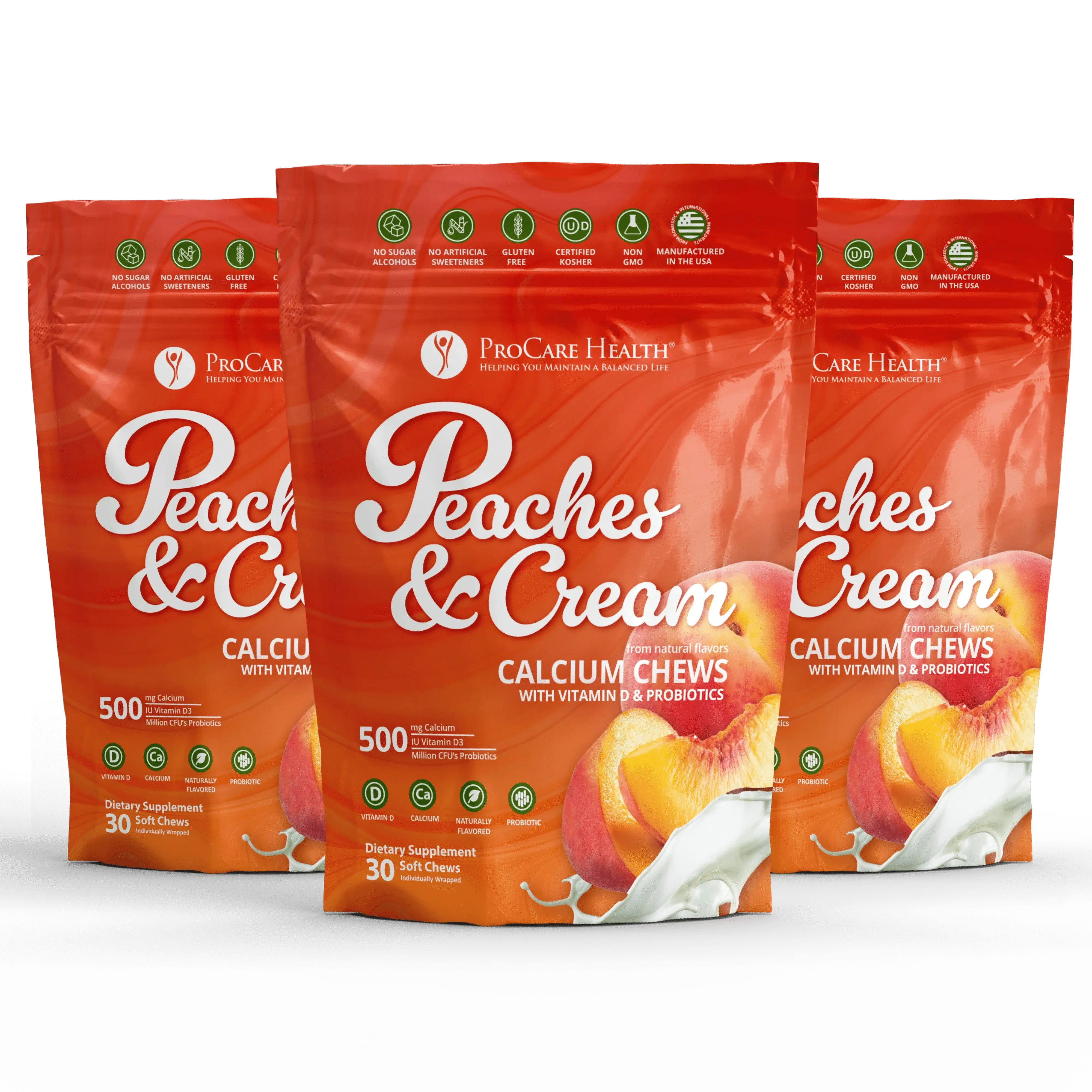 Calcium Soft Chew | Peaches & Cream bags showcasing 30 soft chews for daily calcium supplementation.