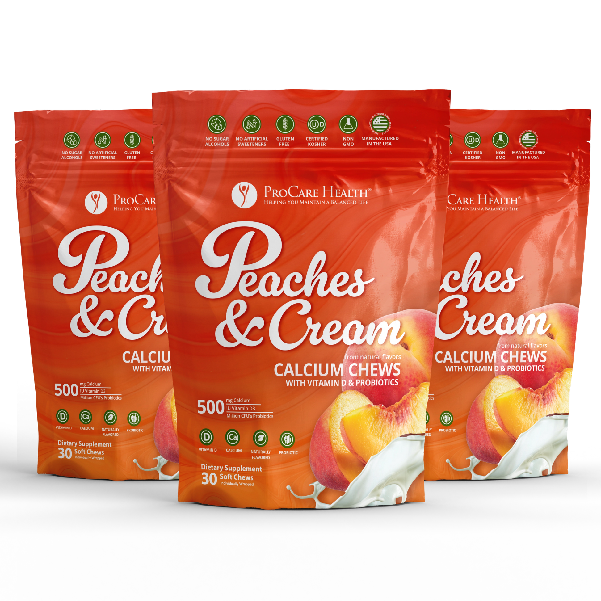 Three Peaches & Cream Calcium Chews in a 30-soft-chew orange pouch package.